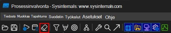 Näyttökuva, jossa näkyy ProcMon-merkintöjen tyhjentämispainike.