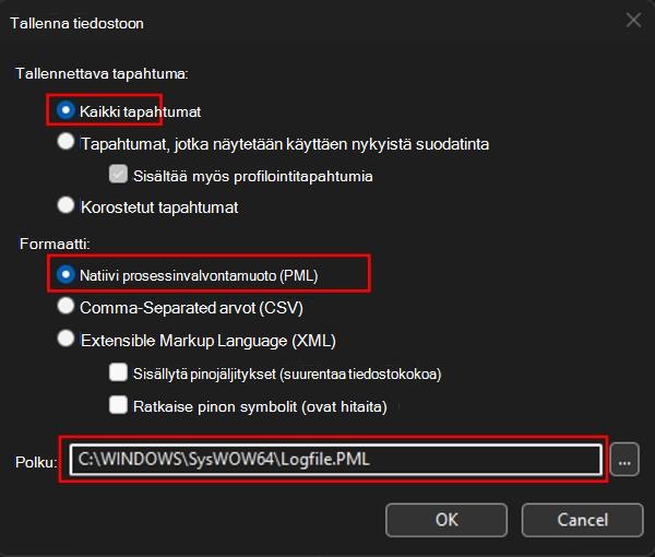 Näyttökuva, jossa näkyy Tallennusasetukset-sivu.