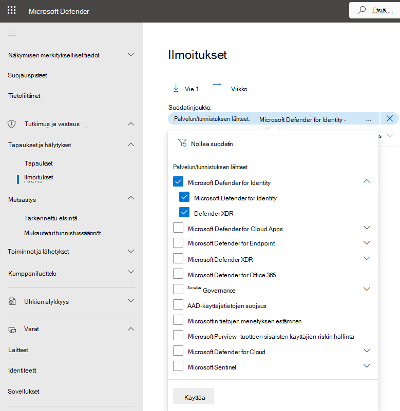 Näyttökuva, jossa näkyy ilmoitusten suodatinvalikko per palvelu.