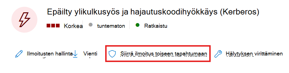 Näyttökuva, jossa näkyy ilmoitusten siirtäminen toiseen tapaukseen.