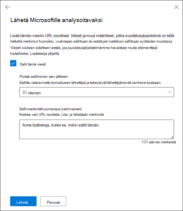 Valitse, luodaanko vastaava sallimismerkintä vuokraajan sallittujen ja estettyjen luettelon viestin elementeille.