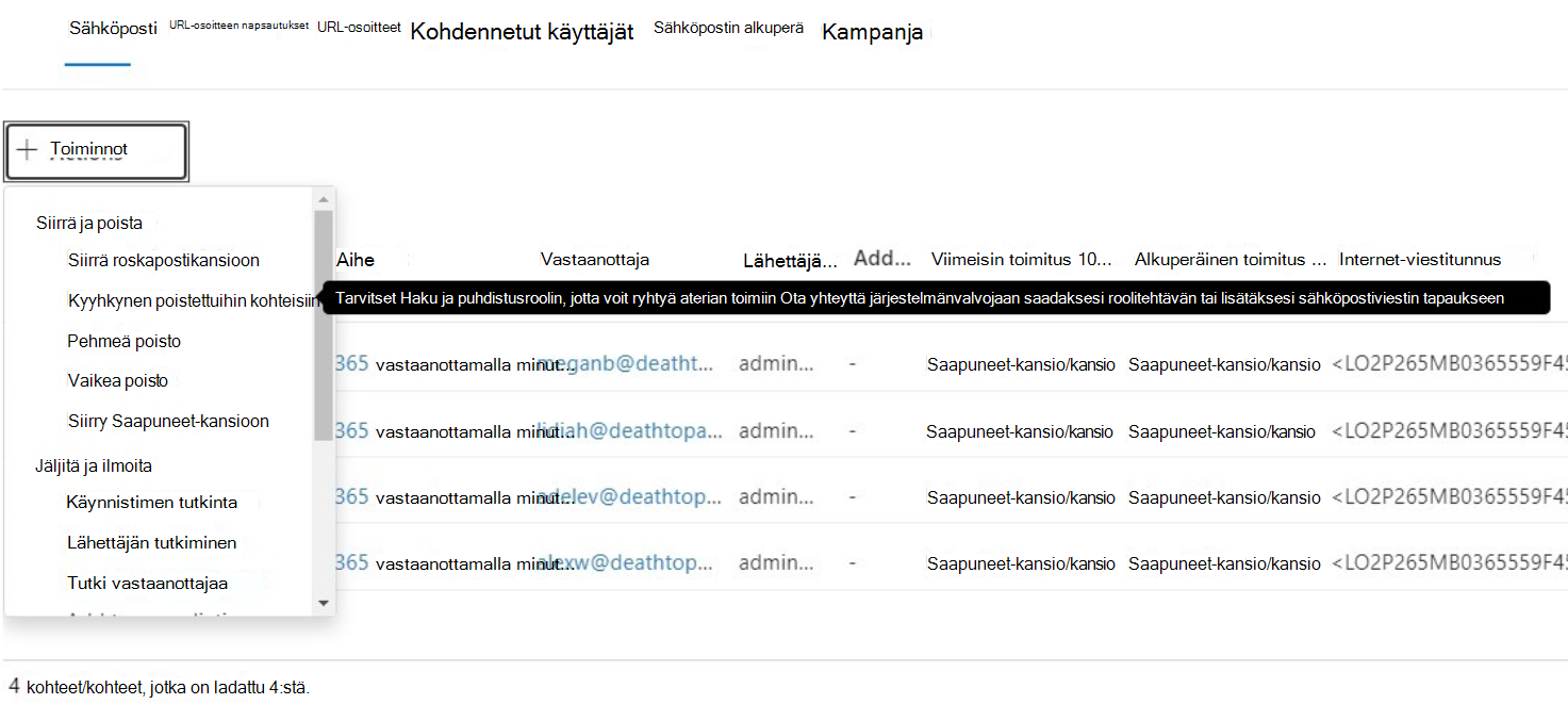 Toiminnot-ruutu Sähköposti-välilehdessä