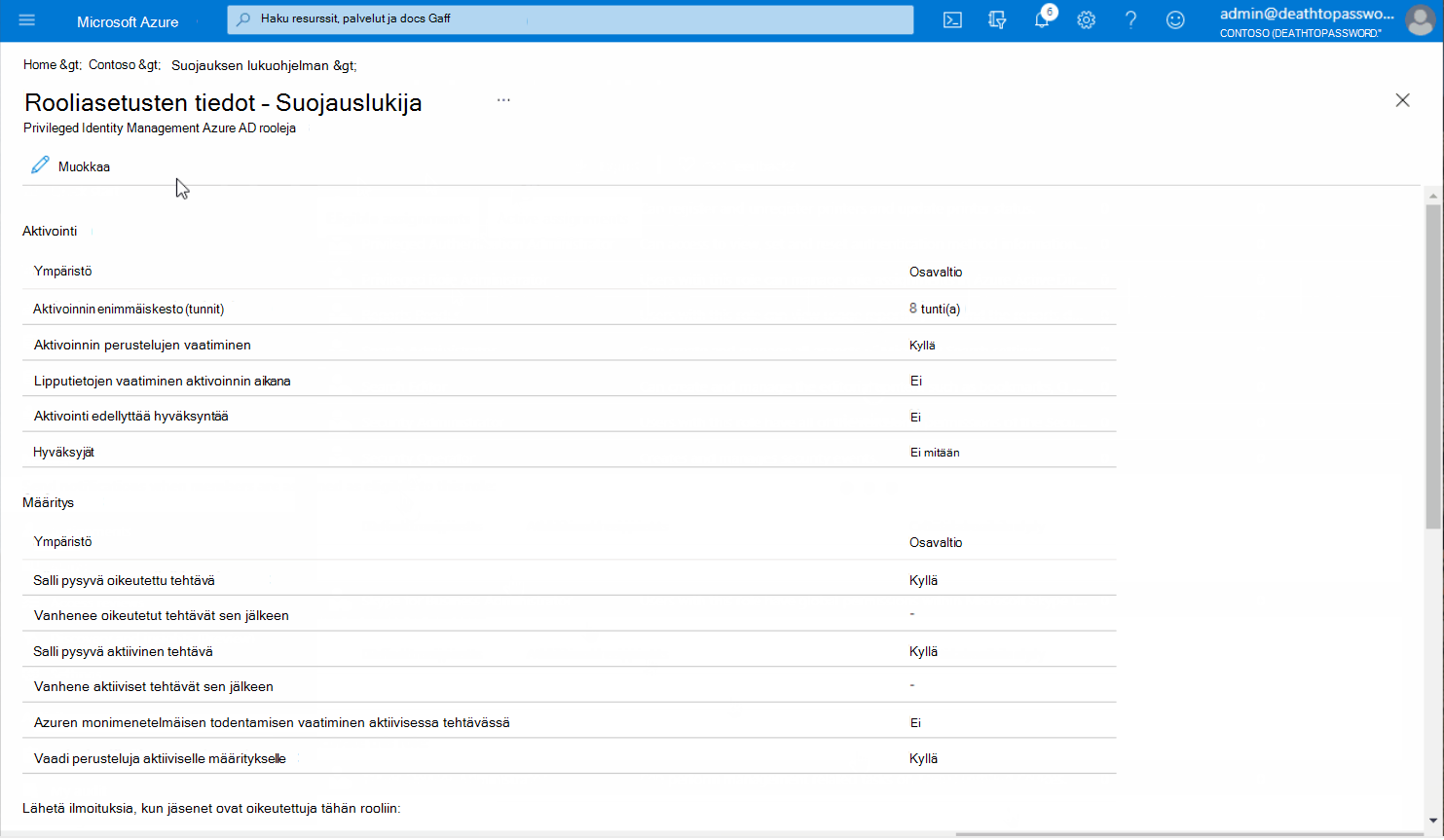Rooliasetuksen tiedot – Suojauksen lukija -sivu