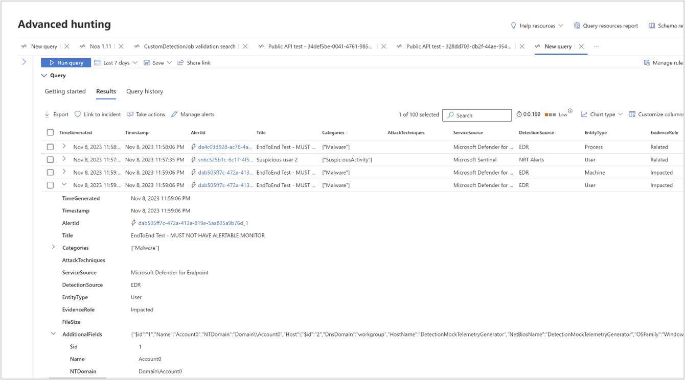 Näyttökuva kehittyneen metsästyksen tuloksista ja vaihtoehdoista tulosrivien laajentamiseksi Microsoft Defender portaalissa