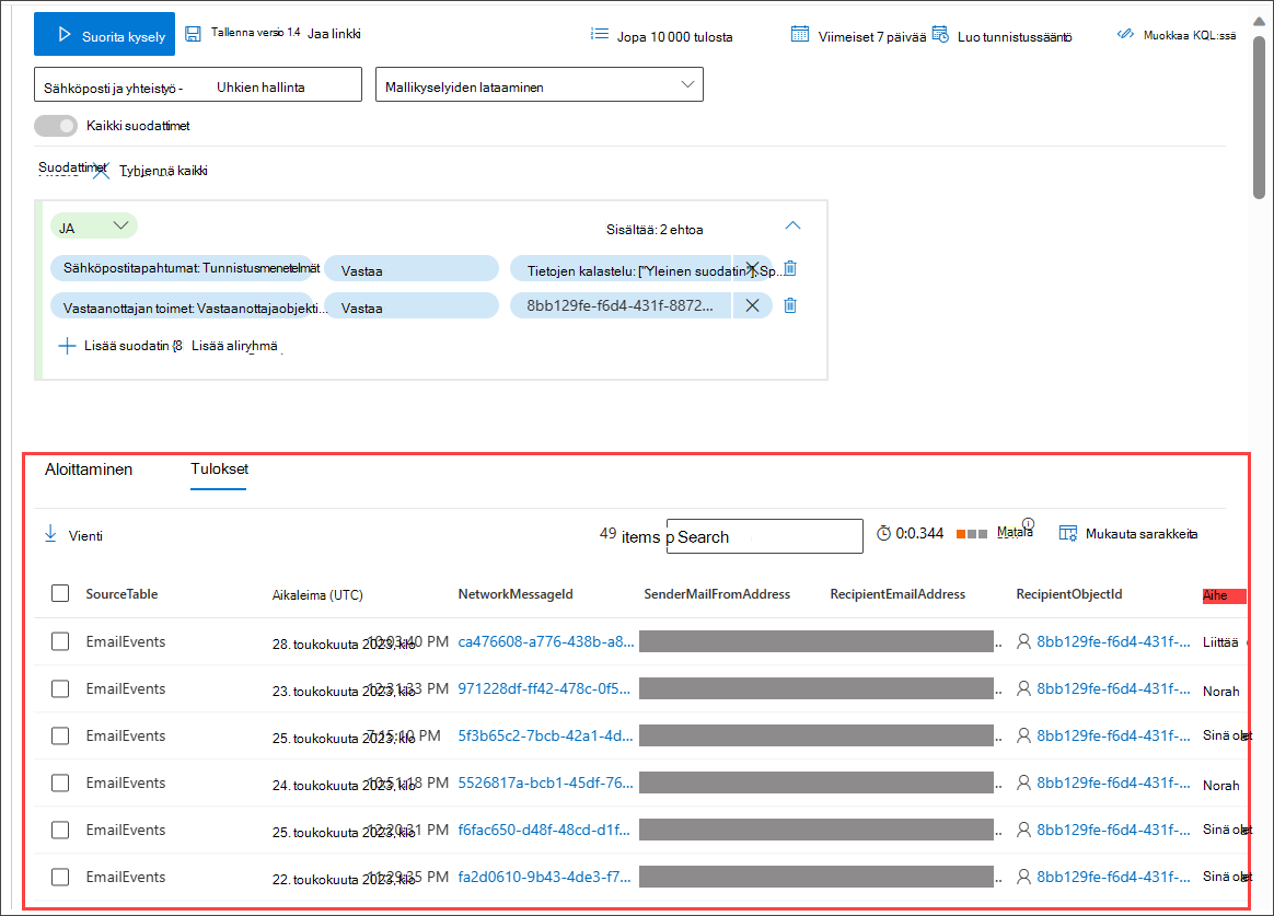 Näyttökuva tulosvälilehdestä