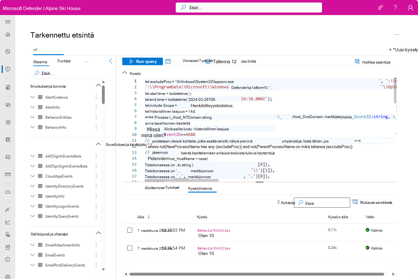 Näyttökuva Kehittyneen metsästyksen näytöstä, jossa on merkityksellisten tietojen kysely.