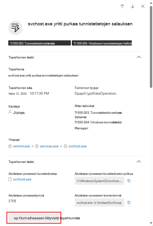 Näyttökuva tapahtuman tietopaneelista.