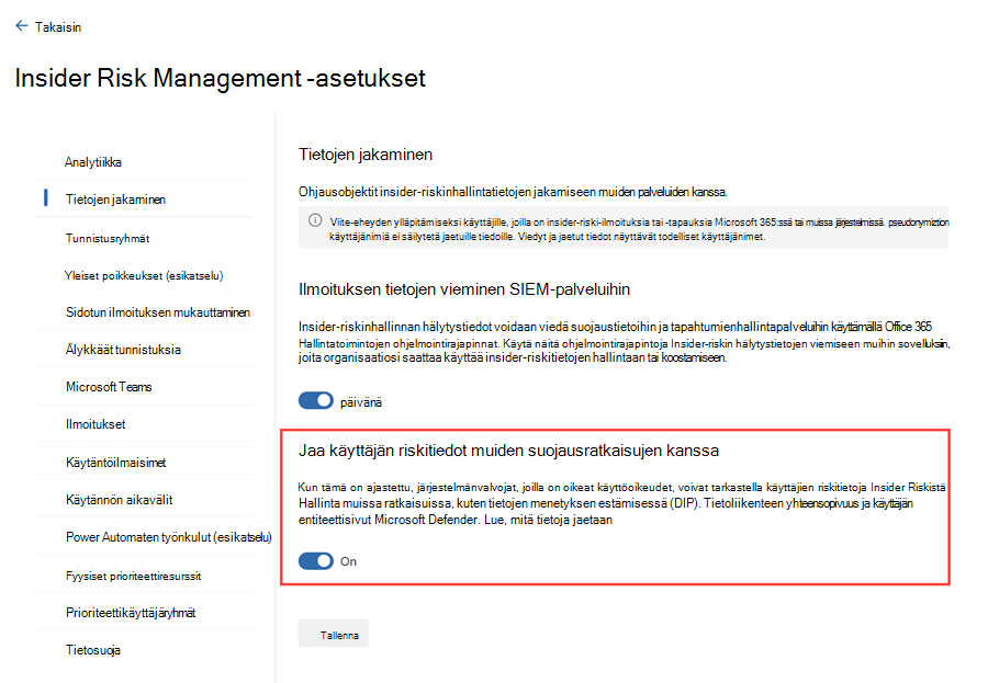 Korosta asetus Microsoft Purview -portaalissa, jota tarvitaan insider-riski-ilmoitusten näyttämiseen Defender XDR.