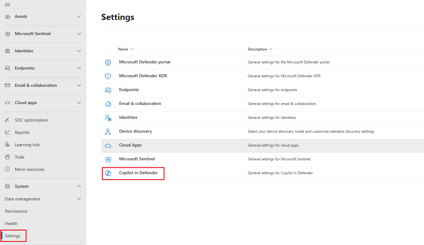 Näyttökuva, joka näyttää Copilot-asetussivun Microsoft Sentinel.