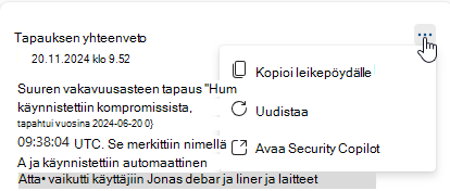 Näyttökuva, jossa näkyvät tapahtuman yhteenvetokortissa käytettävissä olevat toiminnot.
