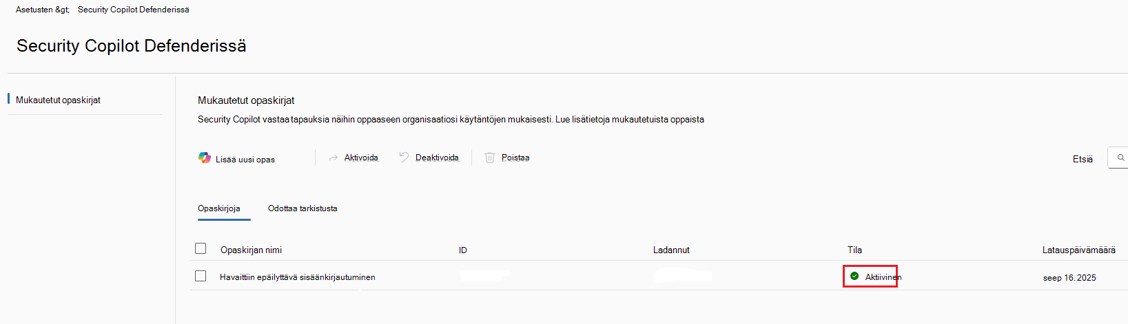 Näyttökuva aktiivisten opaskirjojen välilehdestä.