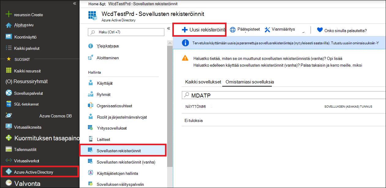Microsoft Defender portaalin Uusi rekisteröinti -osa