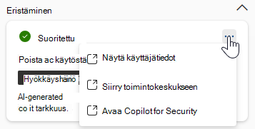 Näyttökuva, joka näyttää asetukset, jotka ovat käyttäjien käytettävissä automaatiovastauskortissa Microsoft Defender XDR:n Copilot-ruudussa.