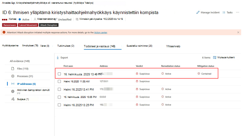 Eristyneen IP-osoitteen korostaminen tapauksen Todisteet ja vastaus -välilehdellä.