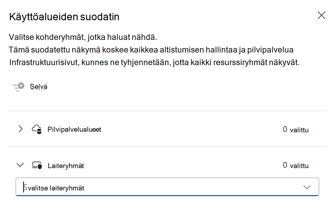 Näyttökuva, jossa on korostettu suodatinasetus uudella Suositukset-sivulla.