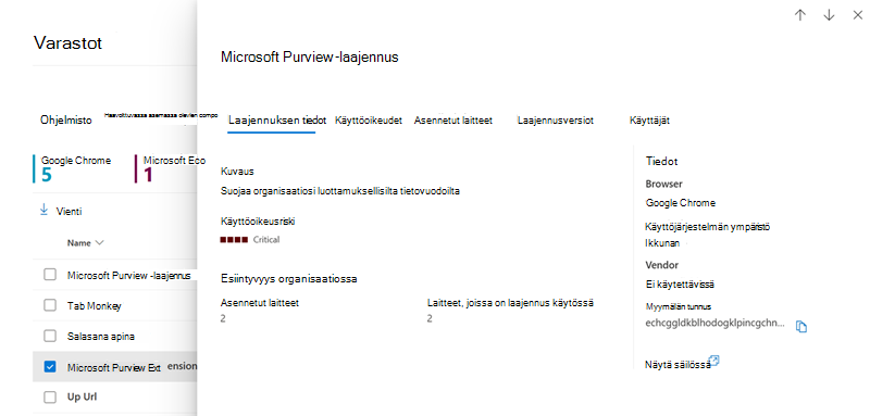 Näyttökuva Selainlaajennusten tietoruudusta