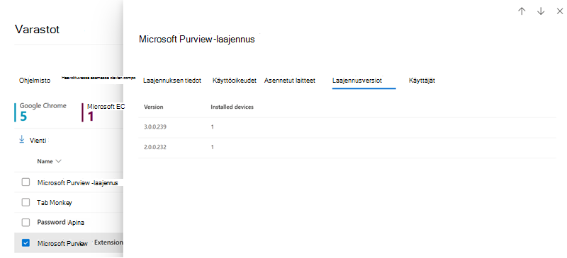 Näyttökuva Selaimen laajennusten versiot -välilehdestä