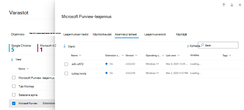 Näyttökuva Selaimen laajennuslaitteet -välilehdestä