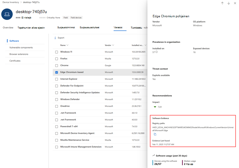 Esimerkki ohjelmistotodisteista Microsoft Edgestä, joka näyttää todisterekisteripolun laitesivulla näkyvällä tavalla