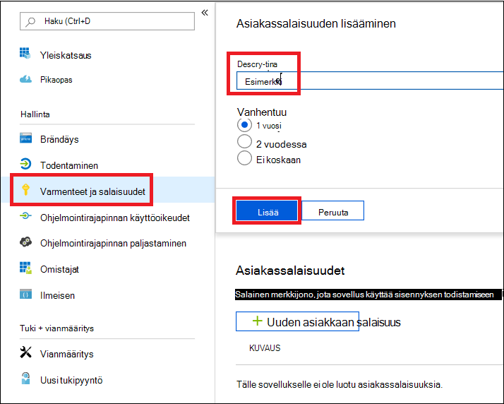 Salaisen koodin lisäämisen osa Microsoft Defender portaalissa