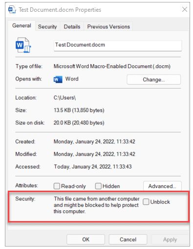 A screenshot of the file properties dialog box for a macro-enabled document, highlighting the security option to unblock the file.