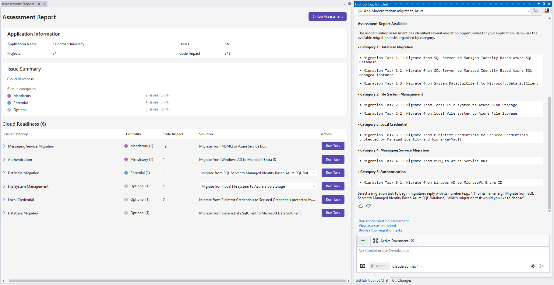 Screenshot that shows the generated assessment report with detailed findings.
