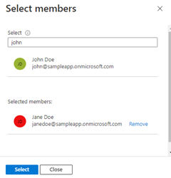 A screenshot showing how to filter for and select the Microsoft Entra group for the application in the Select members dialog box.