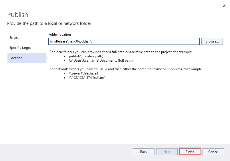 Visual Studio Publish page Location tab