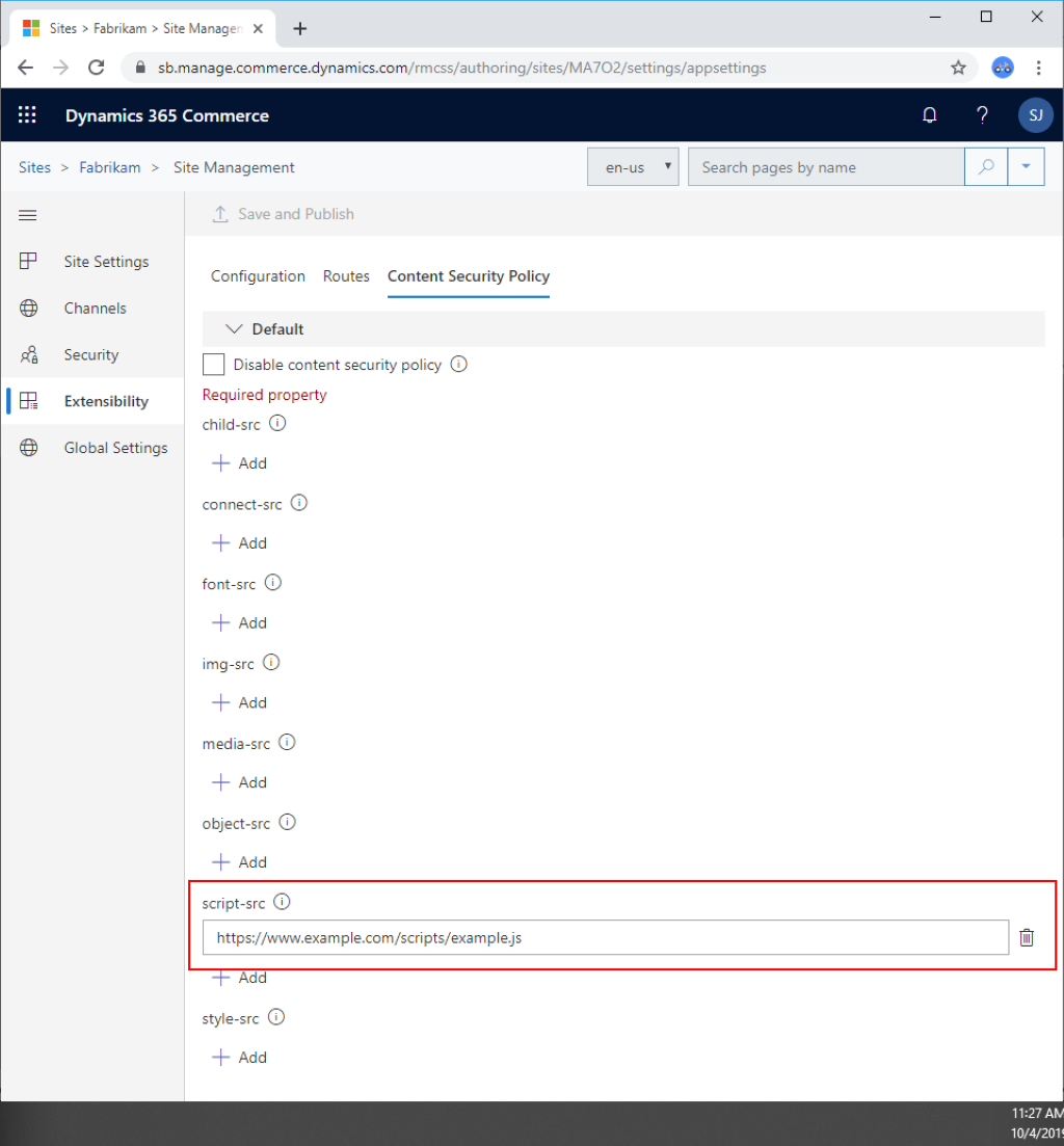 Screenshot of the URL for an external script on the Content Security Policy tab.