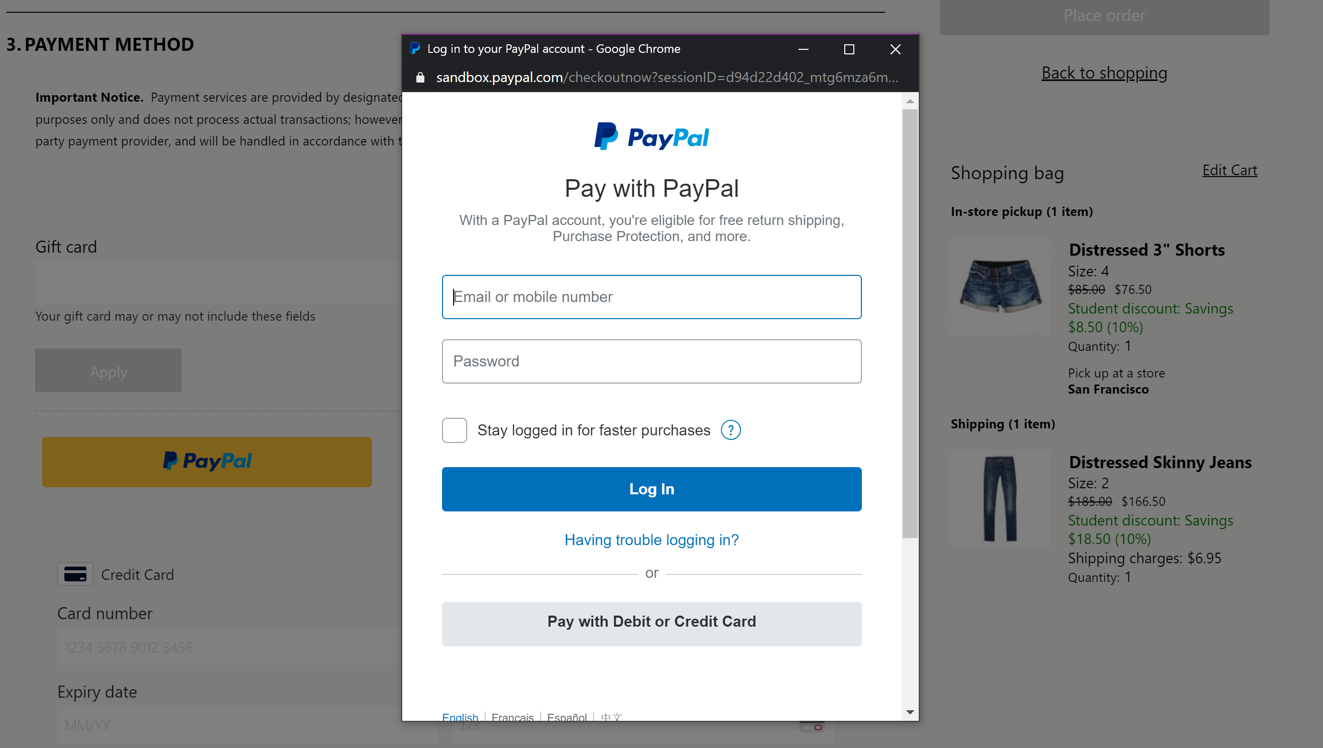 Esimerkki Paypal-iframe-elementistä kassasivulla.