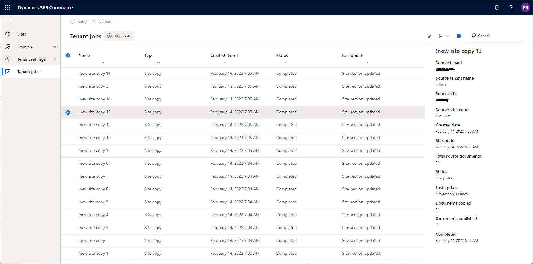 Screenshot of job details in the right pane of the Tenant jobs page in Commerce site builder.