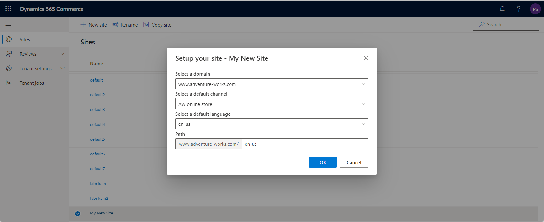 Screenshot of the Setup your site dialog box in Commerce site builder.