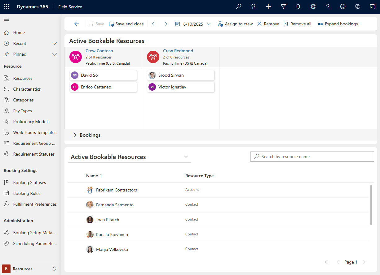 Näyttökuva miehistön varaussivusta.
