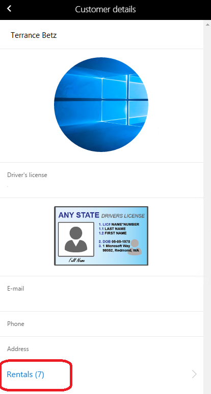 Customer details workspace where the Rentals link text isn't localized.