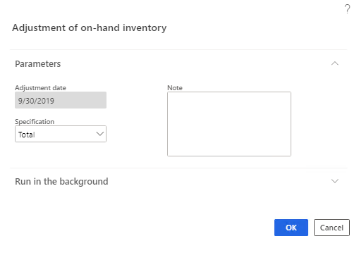 Adjustment of on-hand inventory dialog box.