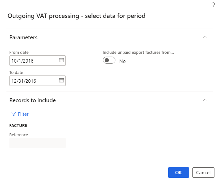 Outgoing VAT processing - select data for period dialog box.