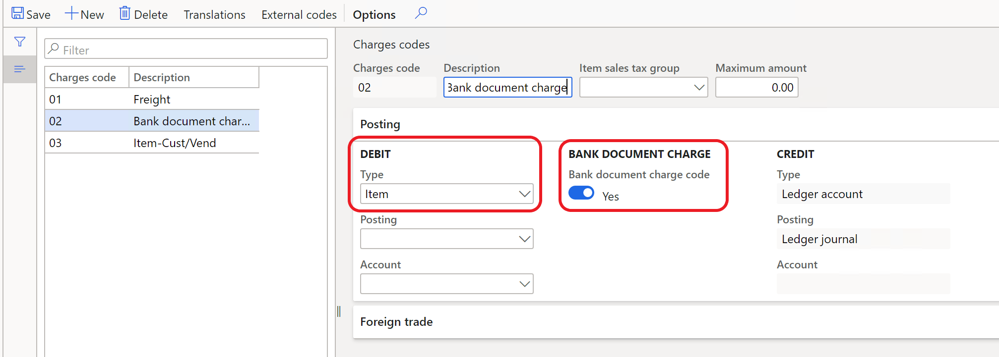 Setting up a charge code for bank document charges.