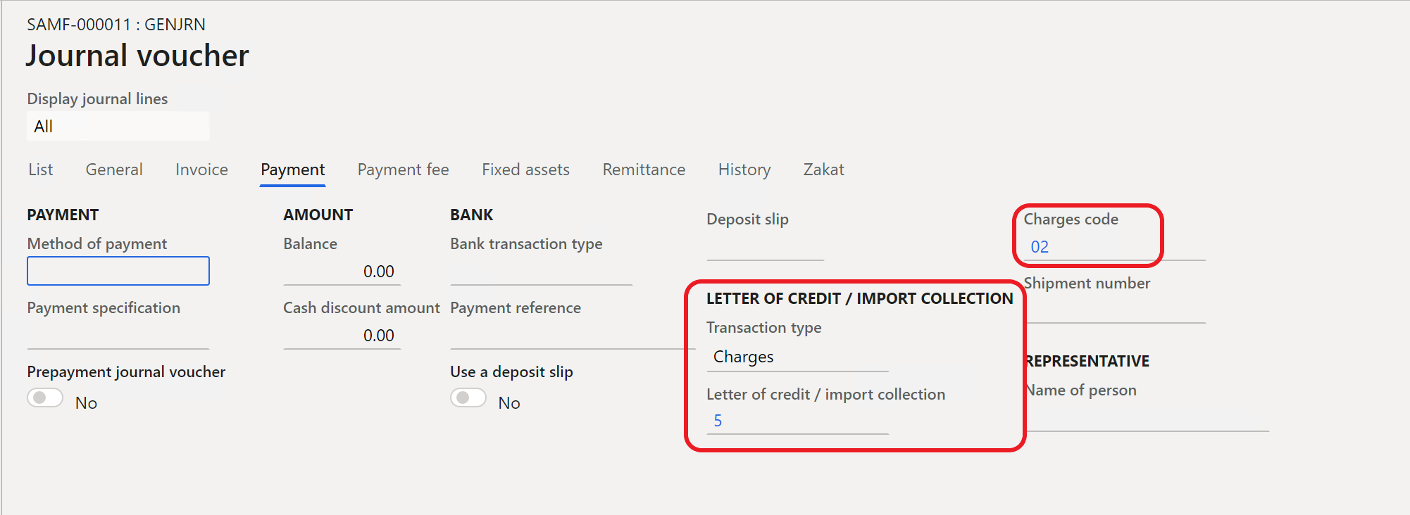 Entering the bank document charge code on a journal line.