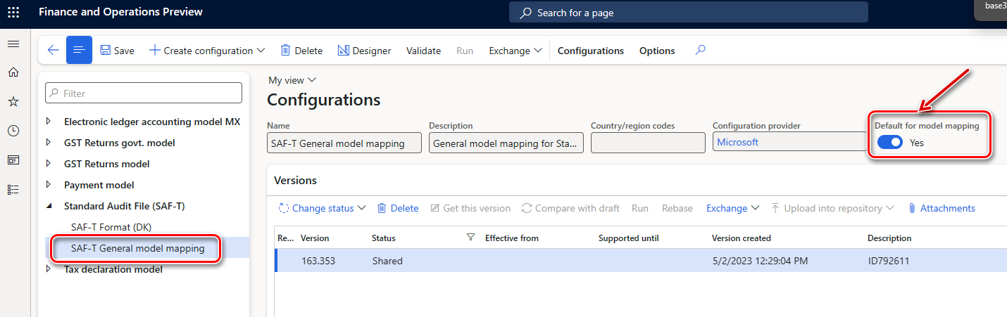 Default for model mapping option set to Yes for the SAF-T General model mapping configuration.