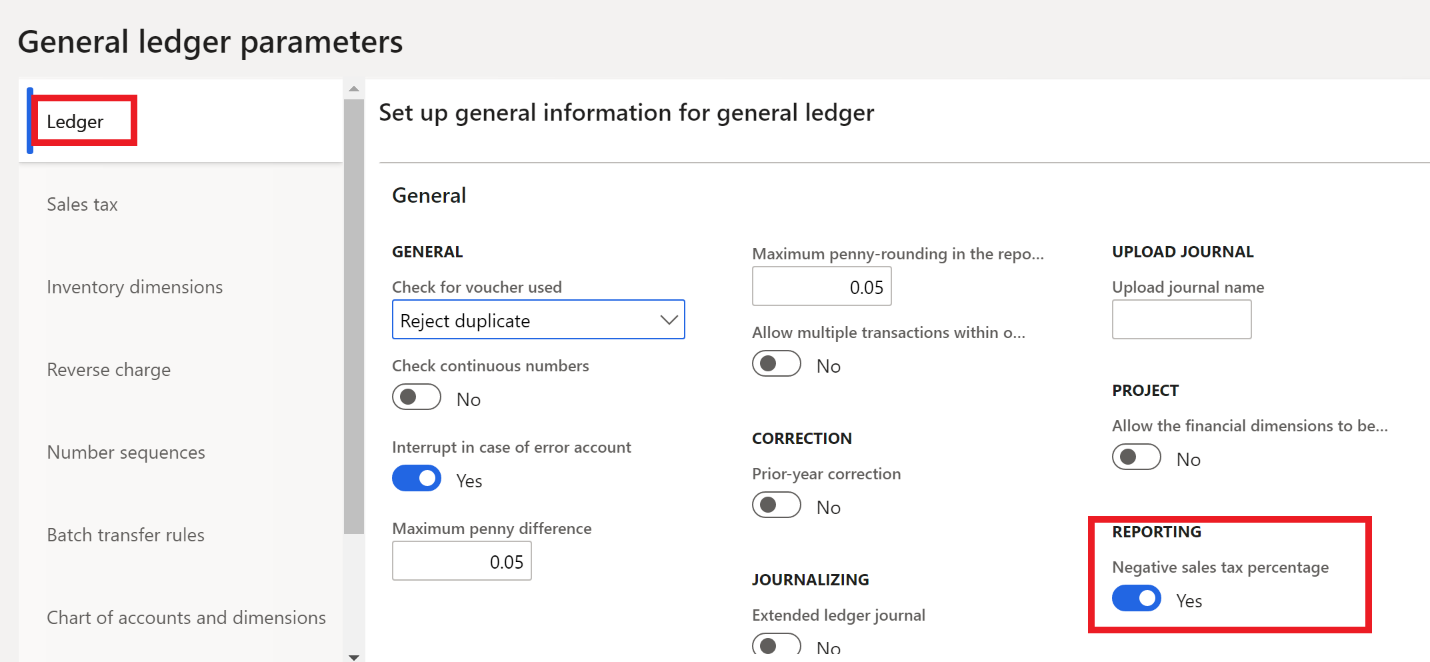 General ledger parameters page, Ledger tab.