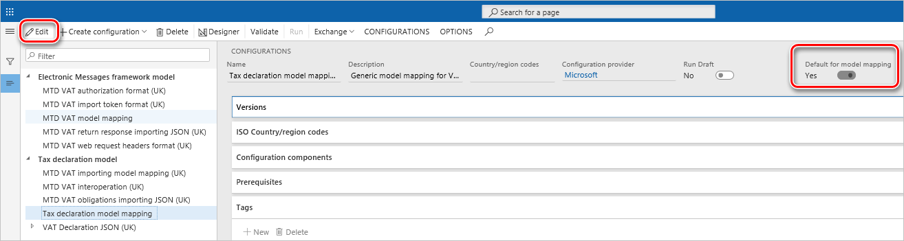 Setting the Default for model mapping option to Yes for the Tax declaration model mapping configuration.