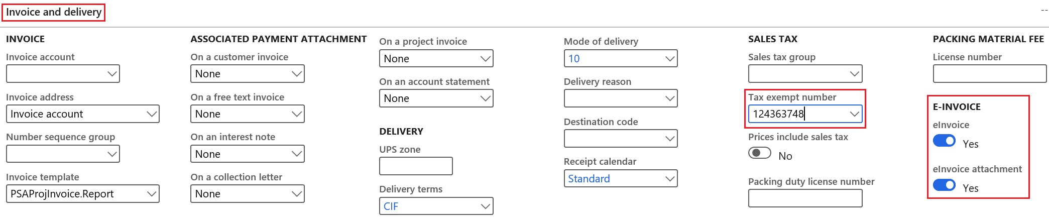 Screenshot of customer parameters.