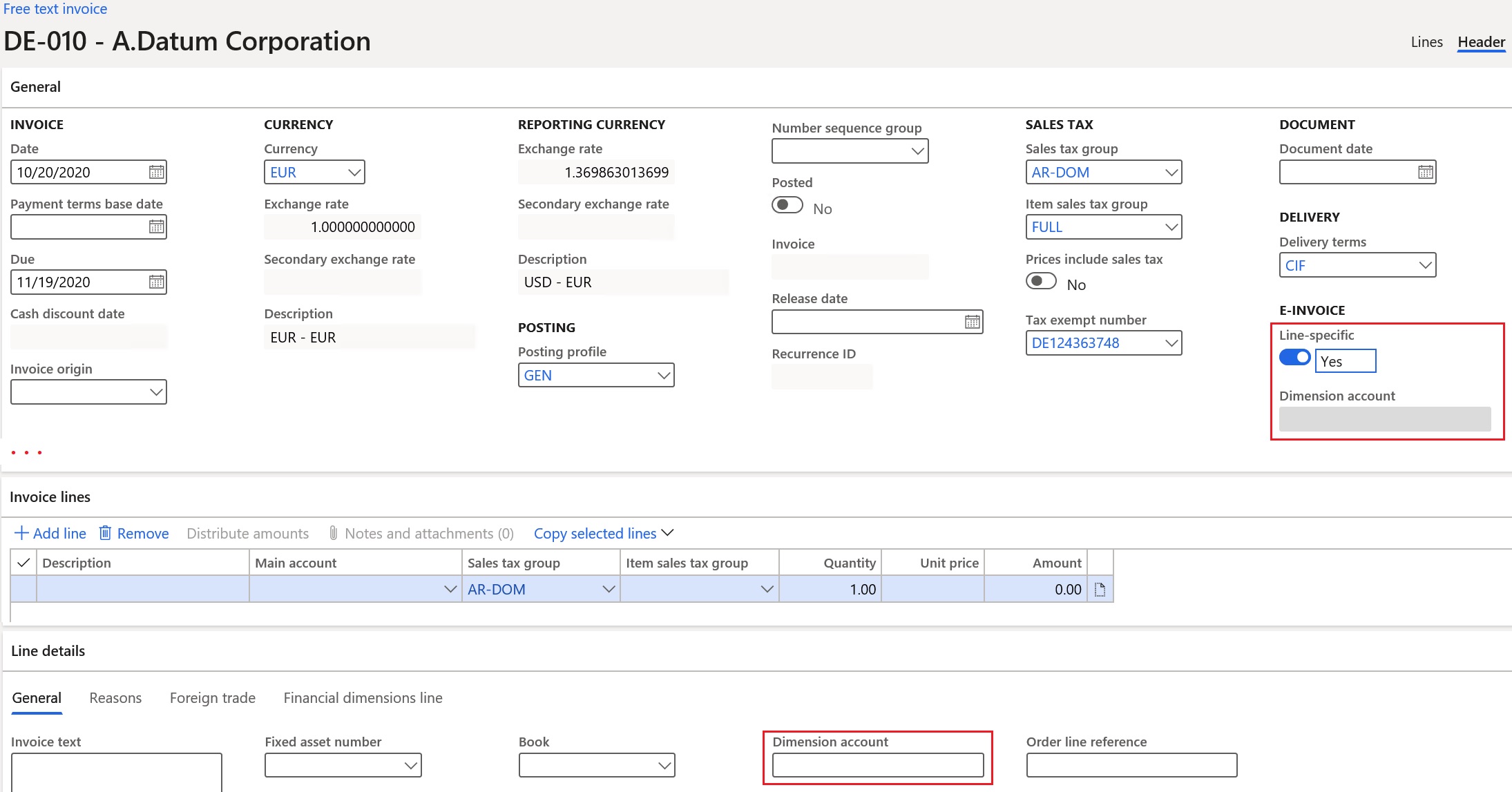 Screenshot of line-specific accounting code for a free text invoice.