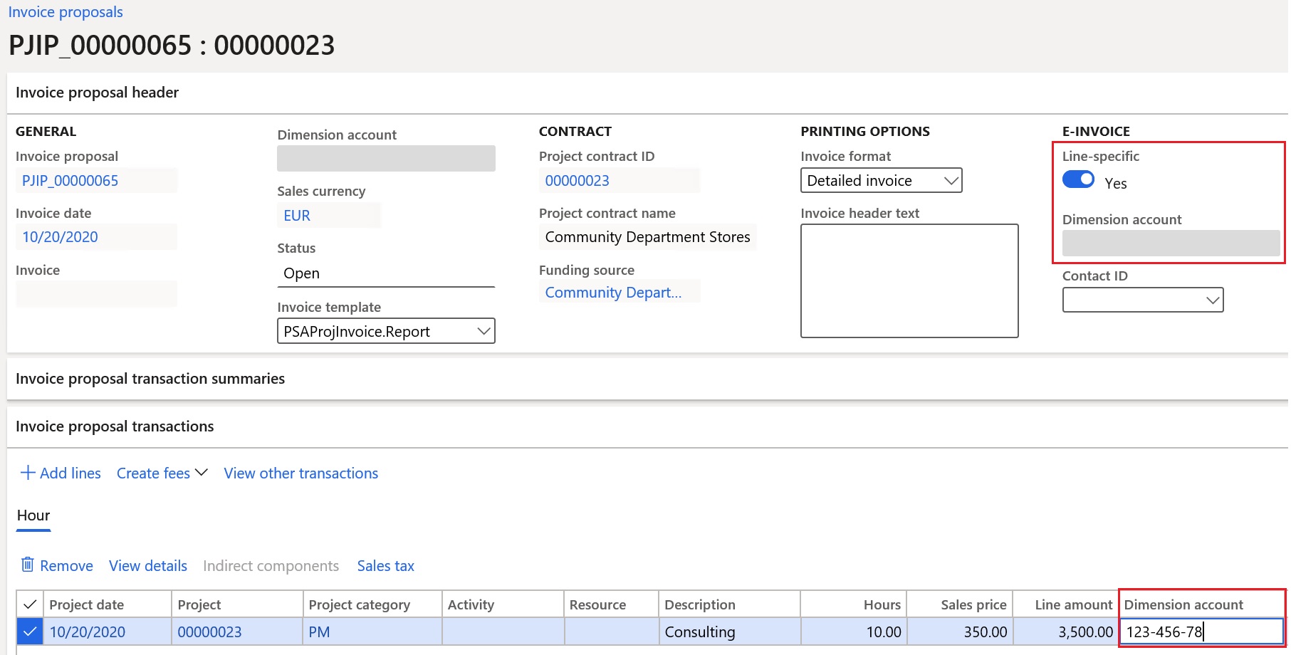 Screenshot of transaction line-specific accounting code.
