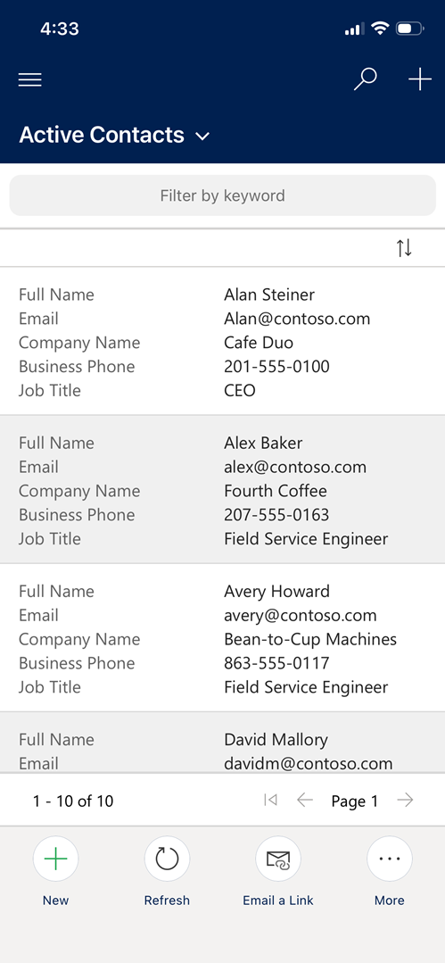 Screenshot of Contacts in the mobile app after making changes.