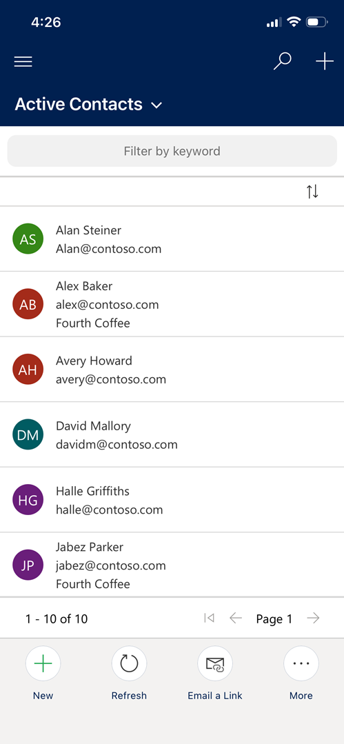 Screenshot of Contacts in the mobile app before making changes.