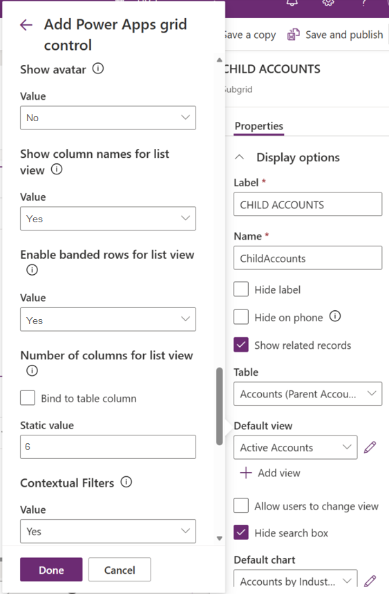 Screenshot of the Power Apps grid control properties.