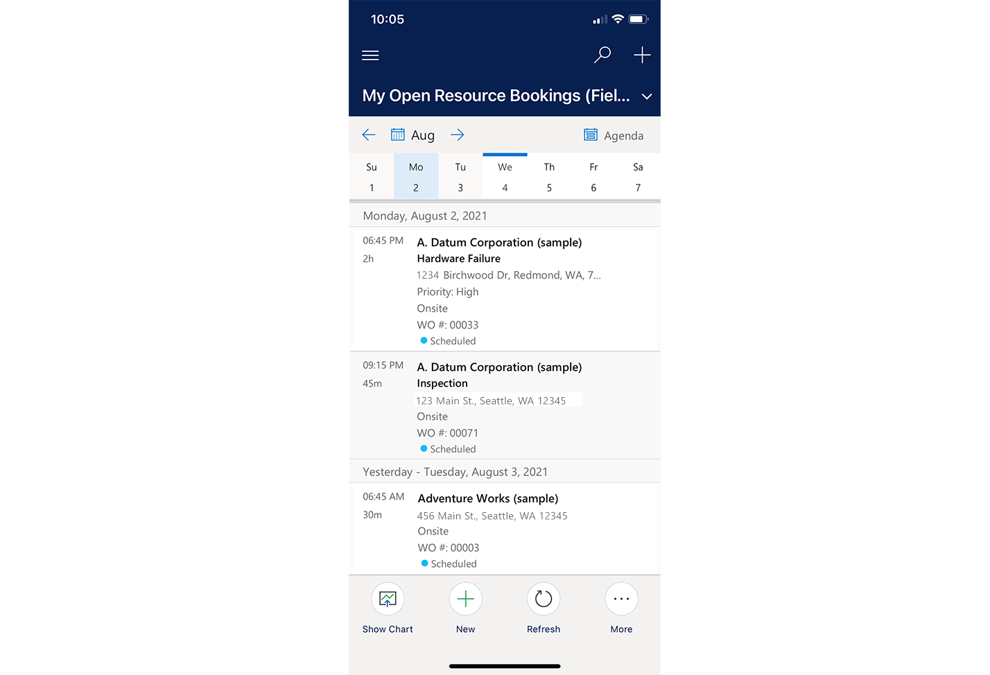 Screenshot of the Field Service mobile app with a customized calendar agenda view.