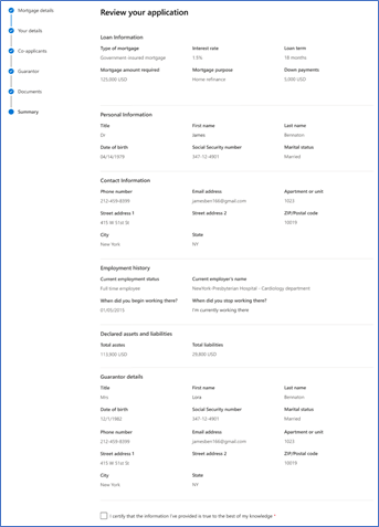 Summary page to review application.