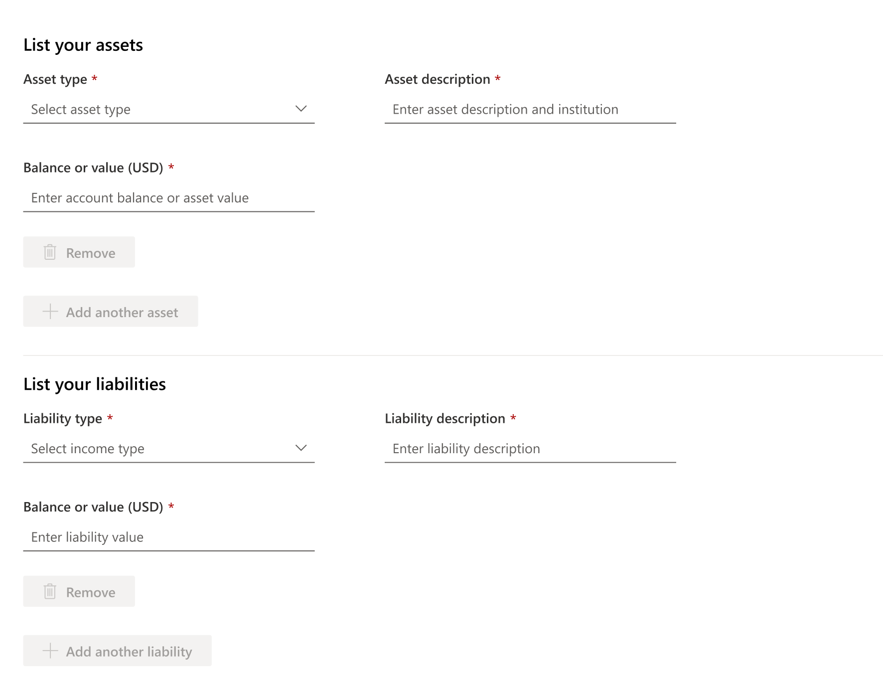 List more assets and liabilities.